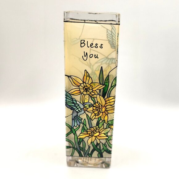 Joan Baker Hand Painted Glass Vase  ~Bless You  ~Hummingbirds and Daffodils 10" - Picture 2 of 7
